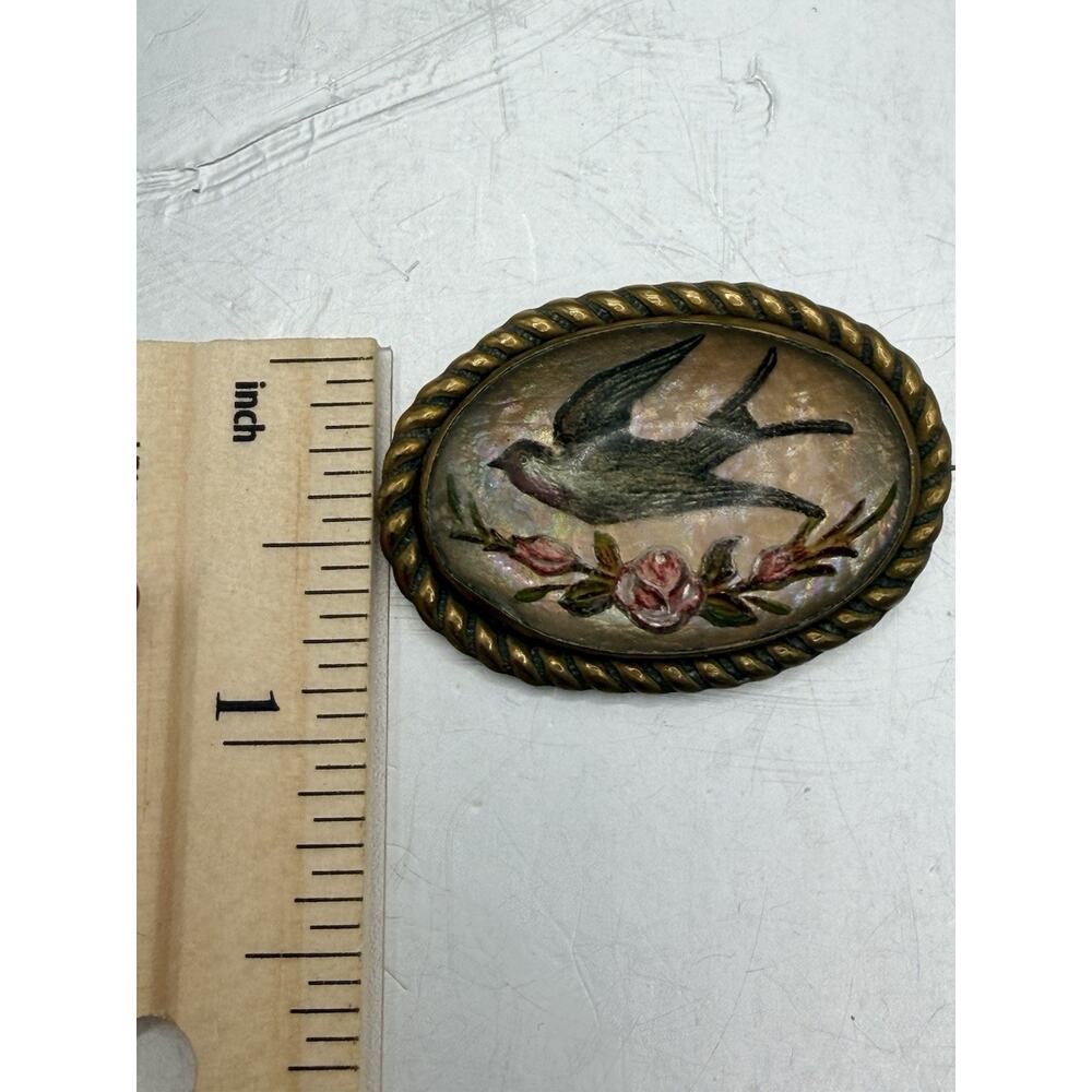 1900's Victorian Reverse Painted Swallow Bird Lapel Pin Brooch Bubble Glass Pink - Picture 11 of 11